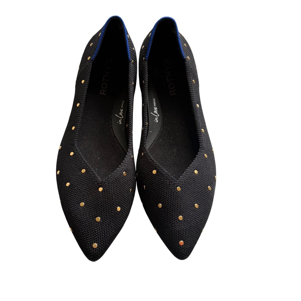 Rothys The Point Black Gold Stud Metallic Polka Dot Flats Shoes Size 8